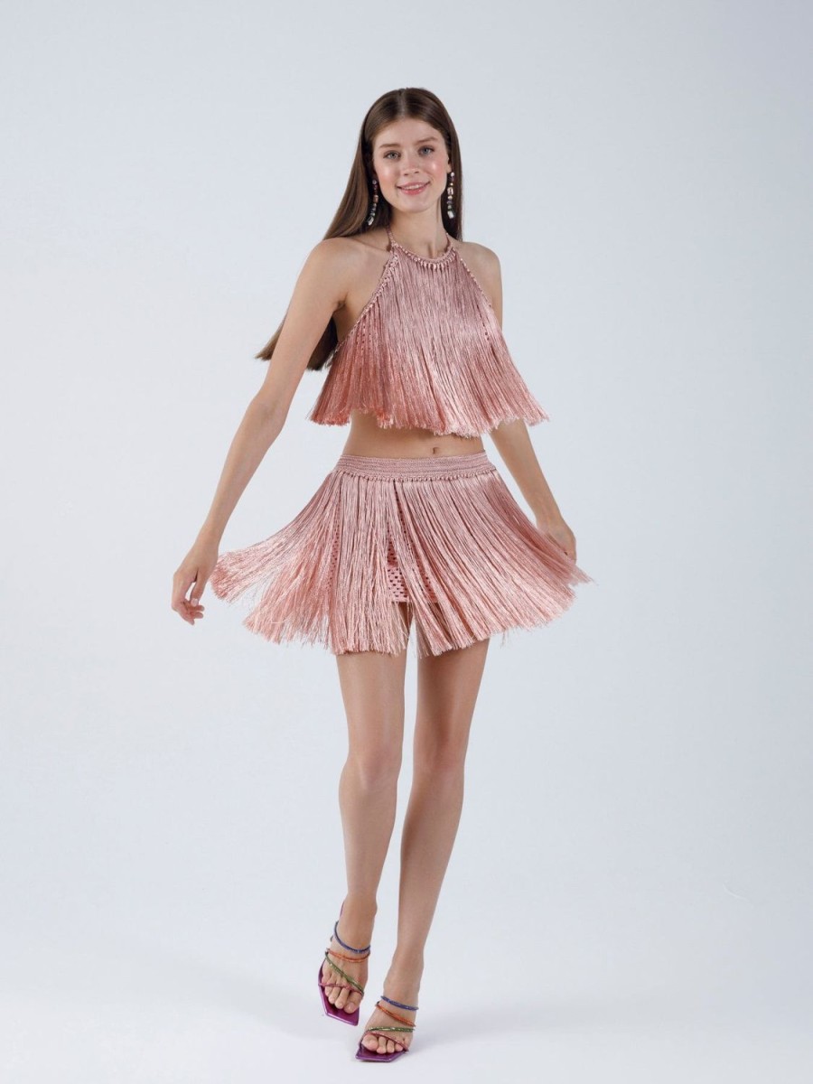 Women My Beachy Side | Angelica Fringed Mini Skirt Pink